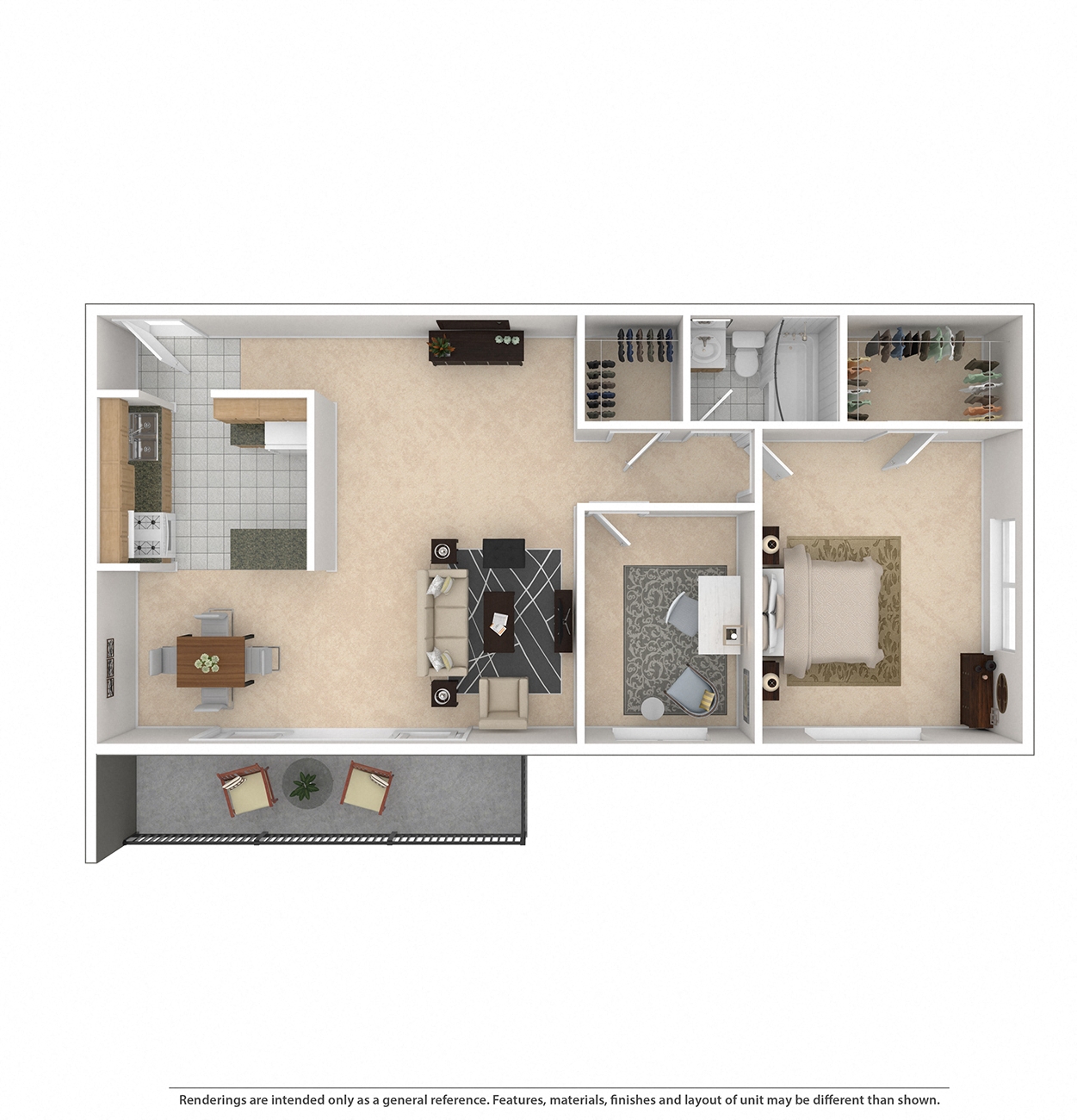 Floor plan for 1 bed, 1 bath, 702 sqft